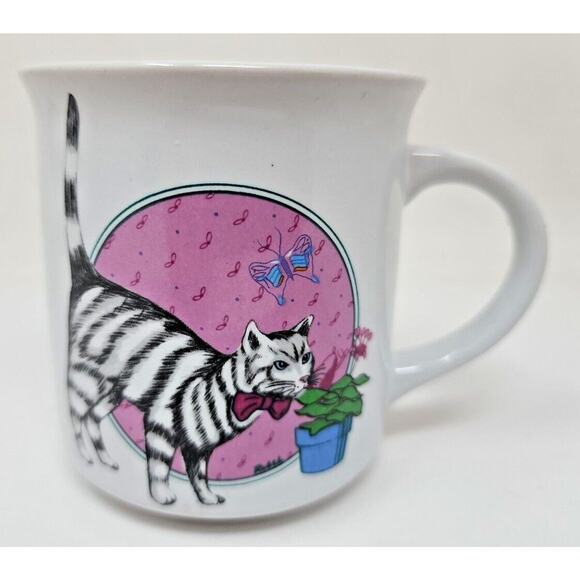 1985 Chadwick Miller Summer Theme Mauve Bowtie Cat Coffee Mug W2 - Picture 1 of 4